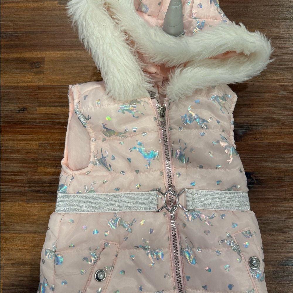 Little Lass Pink Unicorn Vest with Fur Hood